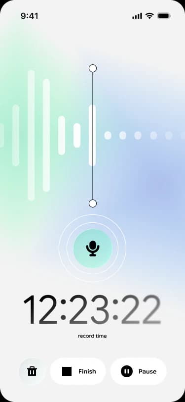Meddict recording a dictation: a live waveform above the running timer, with finish and pause buttons