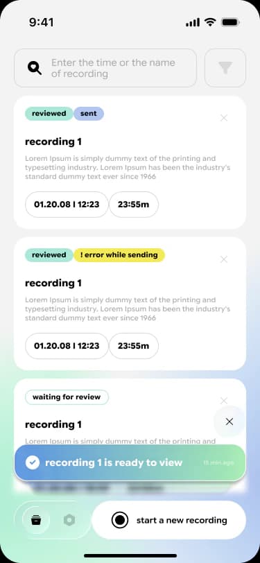 Meddict's list of recordings, each marked reviewed, sent or waiting for review, under a notice that a recording is ready to view