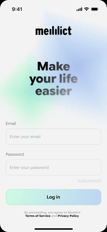 Meddict sign-in screen with email and password fields