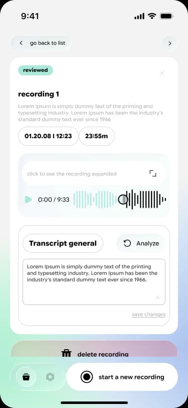 A single recording in Meddict: the audio player above its transcript, with a button to analyze it