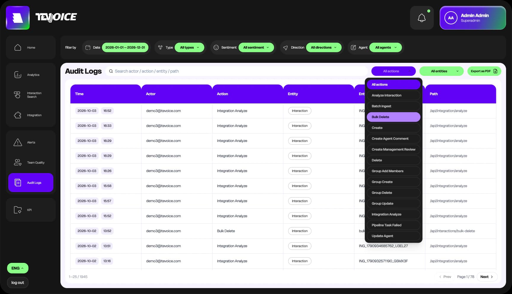 TevVoice audit logs: every action with its time, actor, entity and API path, filtered by action type